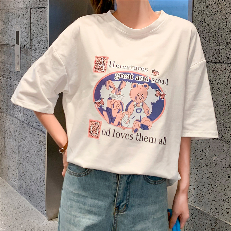 2021夏季新款短袖t恤女学生韩版宽松显瘦卡通印花百搭