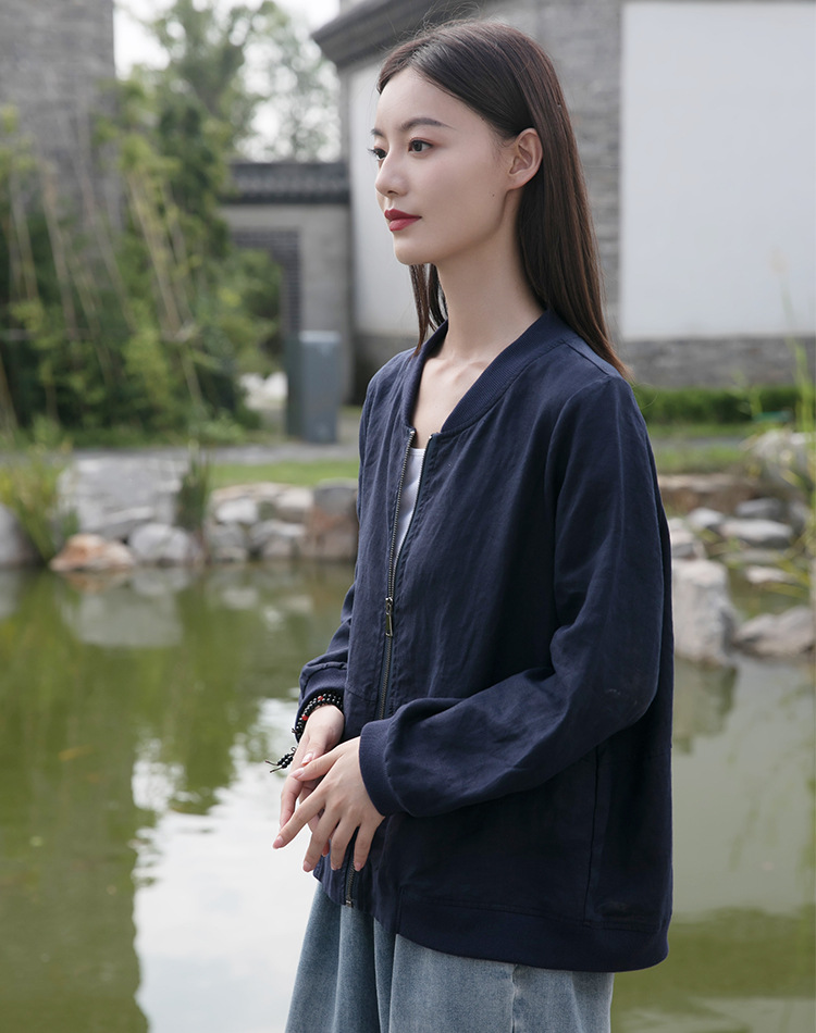 皮尔卡丹佛系衣服女春复古中国风禅意简约上衣纯色棒球领亚麻汉元素短
