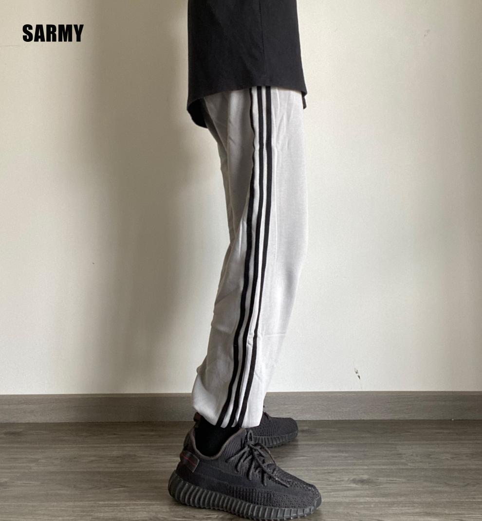 简瓯垚定制夏季椰子搭配yeezy灰色九分条纹宽松抽绳束脚裤男sarmy侃爷