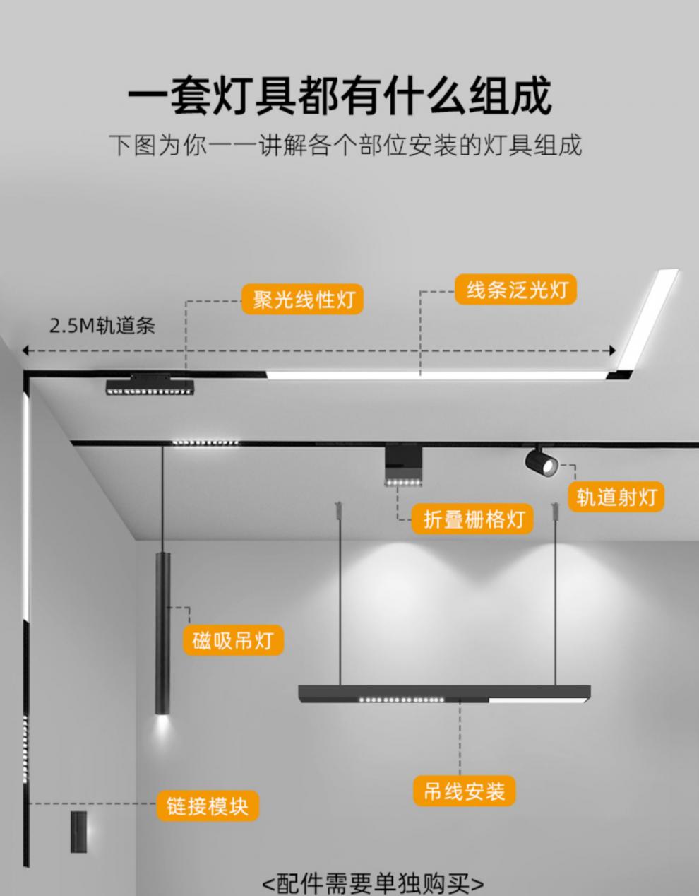 无边框磁吸轨道灯嵌入式led防眩射灯家用客厅无主灯照明线条灯 【冲孔