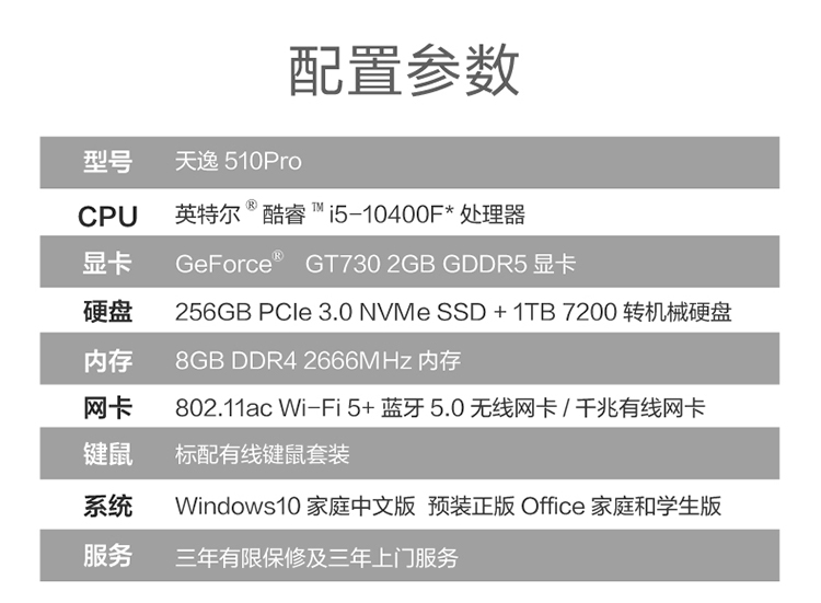 (lenovo)天逸510pro 个人商务台式机电脑整机(十代i5-10400f 8g 1tb
