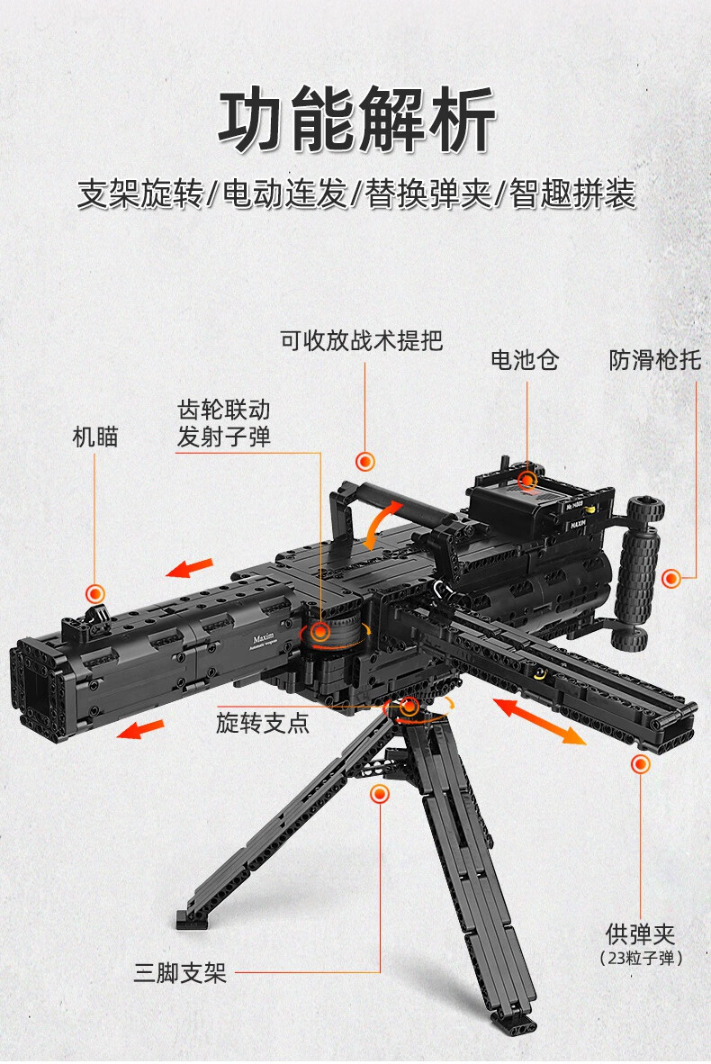 【拼装积木马克沁重机】可发射马克沁重机枪电动拼装积木枪绝地求生