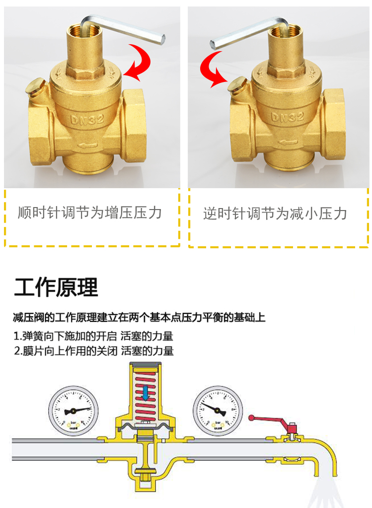 自来水减压阀家用可调式稳压阀净热水器内外丝黄铜恒压阀门4分6分减压