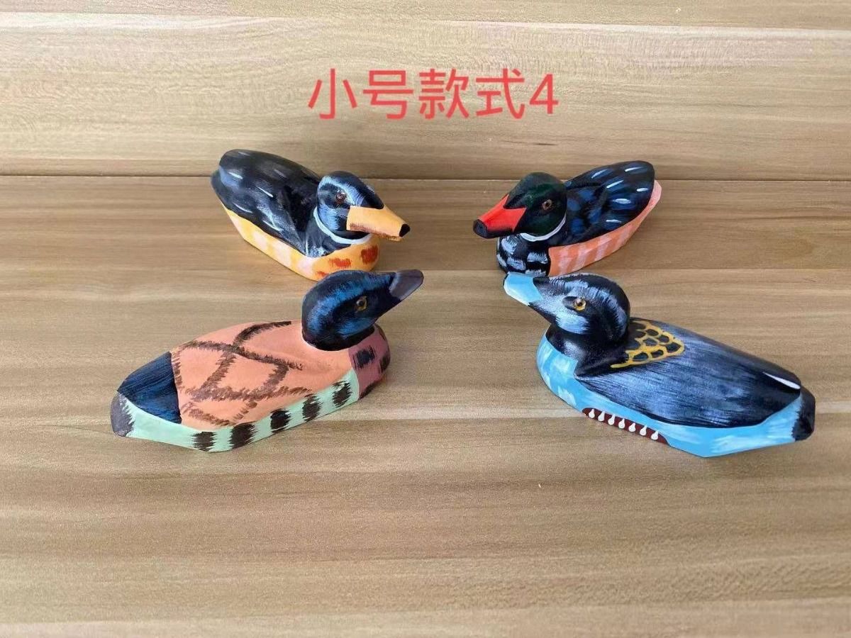 四只木质鸭子摆件原木雕刻木鸭子风水摆件家居卧室客厅小号2四只底座
