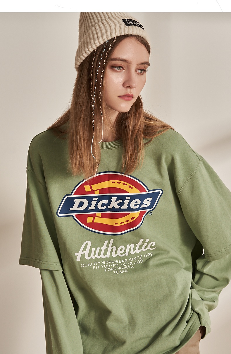 dickies卫衣迪凯斯官方印花假两件圆领卫衣女22春新棉毛圈布上衣情侣