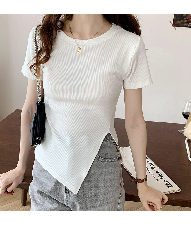黛裳丽螺纹短袖t恤女2021夏装新款设计感下摆开叉体恤不规则上衣ins潮