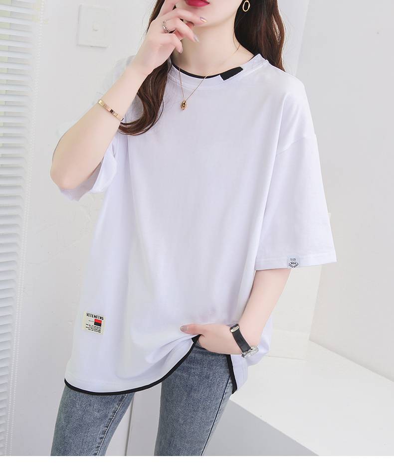 新款夏季宽松韩版体恤夏装假两件衫女士女式t恤衫打底女生t桖半截袖