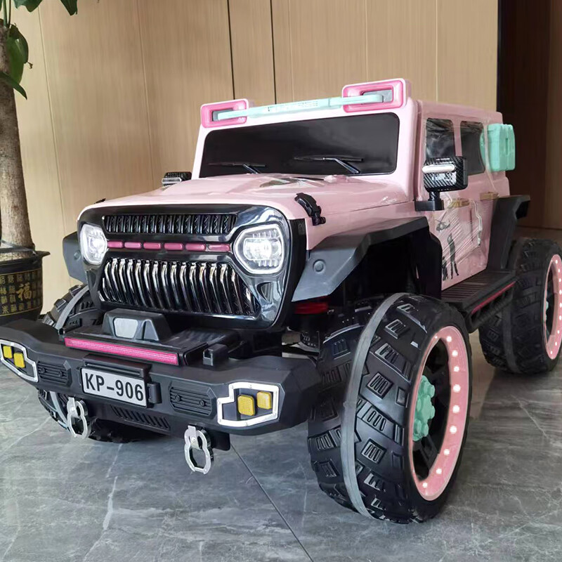 爵士酷派儿童电动车牧马人四驱越野吉普车小孩可坐大人4轮宝宝遥控双人车 粉色四驱 390电机+12V10超威+软轮皮座