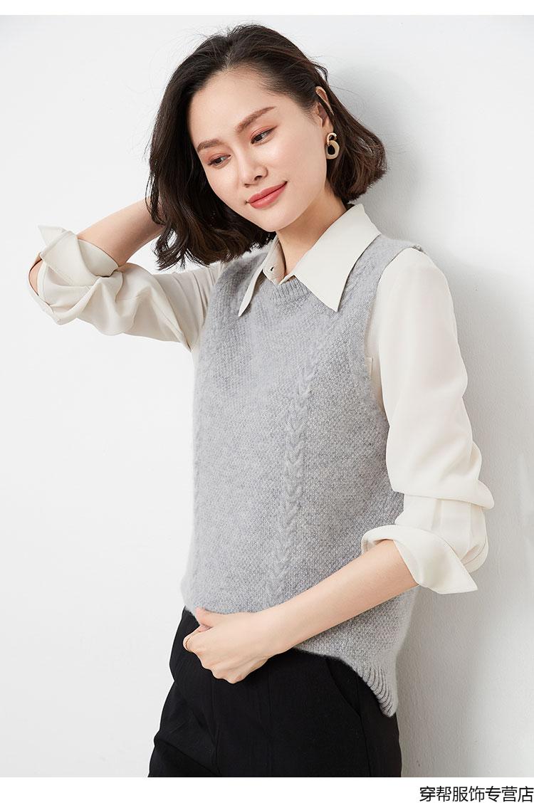 卾尔多斯市产100纯衫女背心韩版宽松毛衣外搭坎肩圆领针织羊绒衫马甲