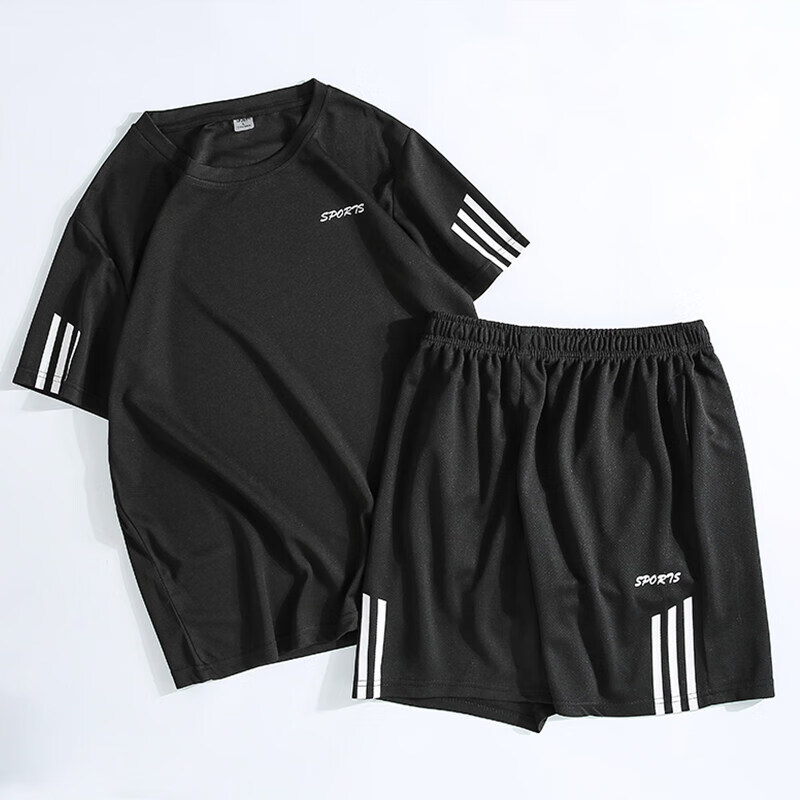 跑步运动套装男夏季新款休闲短袖短裤两件套 黑色 3XL 京东折扣/优惠券