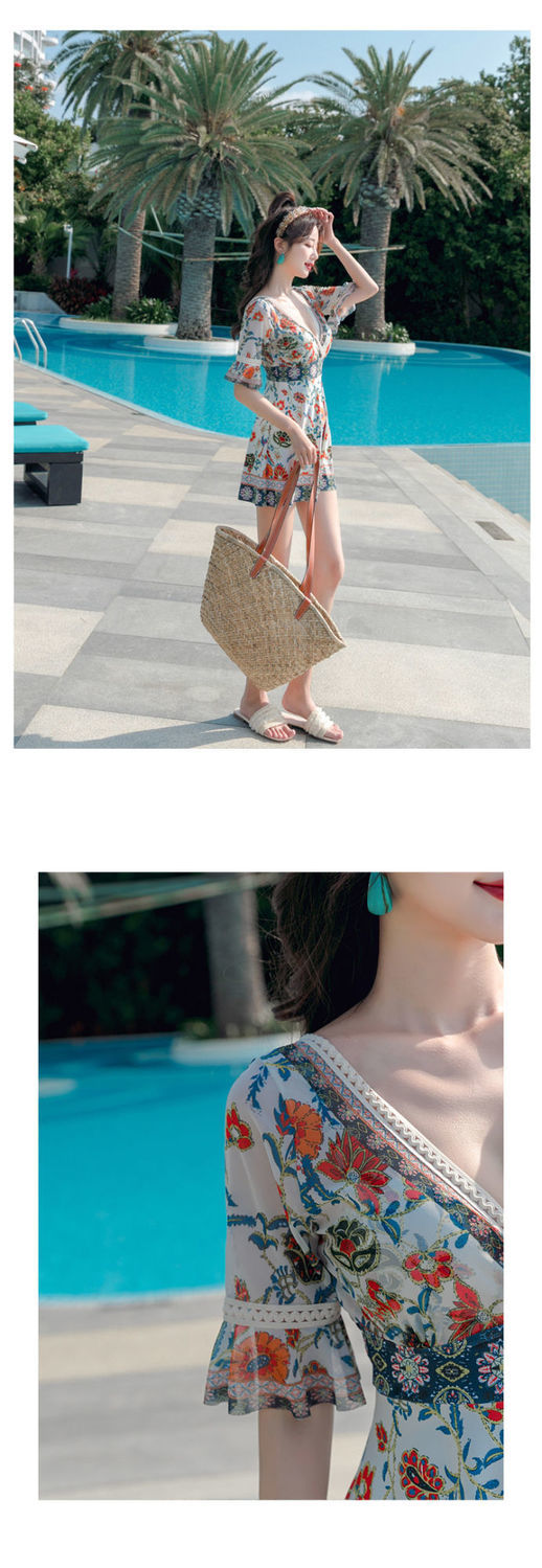 夏季泳衣连体裙式平角显瘦遮肚游泳衣女钢托保守风加大码泡温泉泳装乳