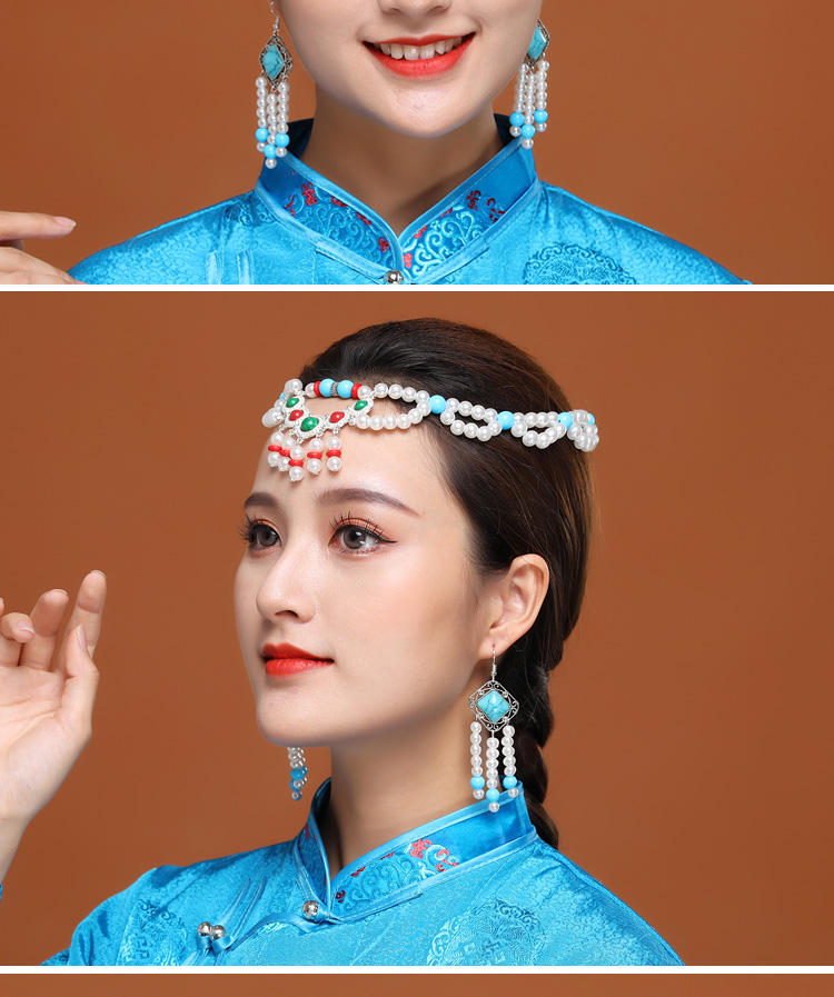 藏族头饰蒙古族舞蹈演出耳环女手工串珠珠蒙古舞发饰少数民族舞台白色