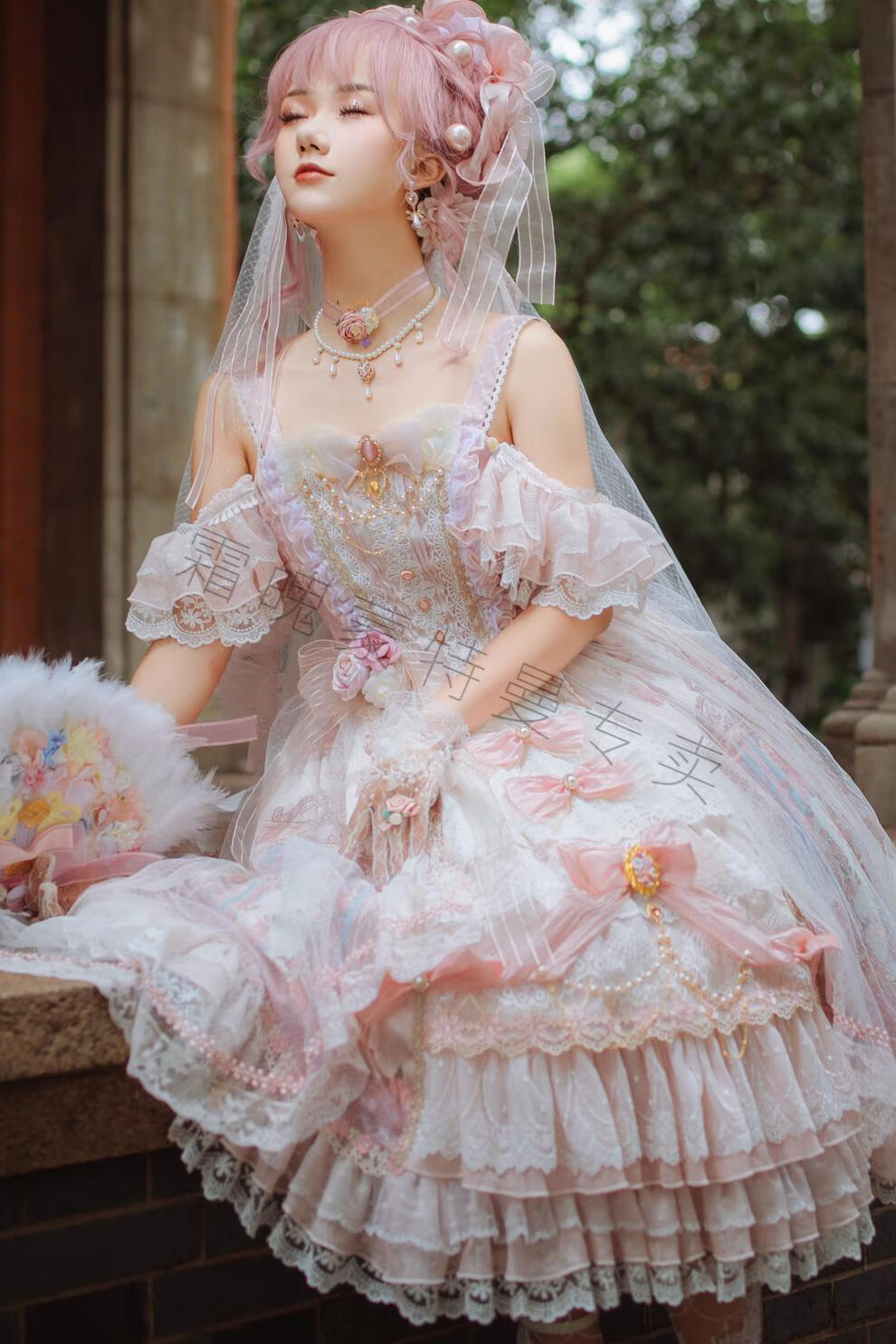 当天fs加颈饰全款月下曲lolita花嫁款jsk华丽款洛丽塔裙浅蓝xl月下曲