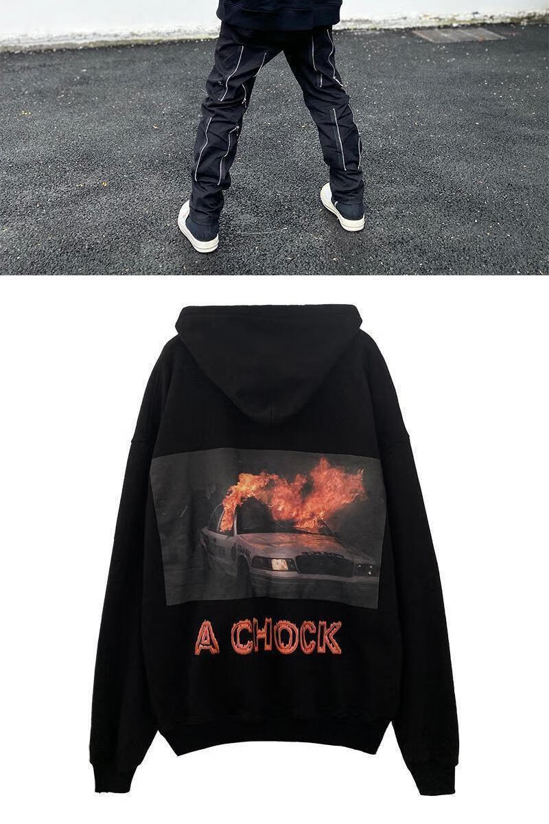 achock原创潮牌刺绣后背汽车火焰印花卫衣宽松情侣连帽上衣黑色薄款m