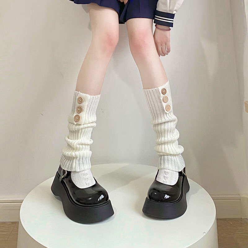 广景萝莉堆堆袜套女秋冬款小腿套日系软妹针织白色毛线纽扣中筒袜子女
