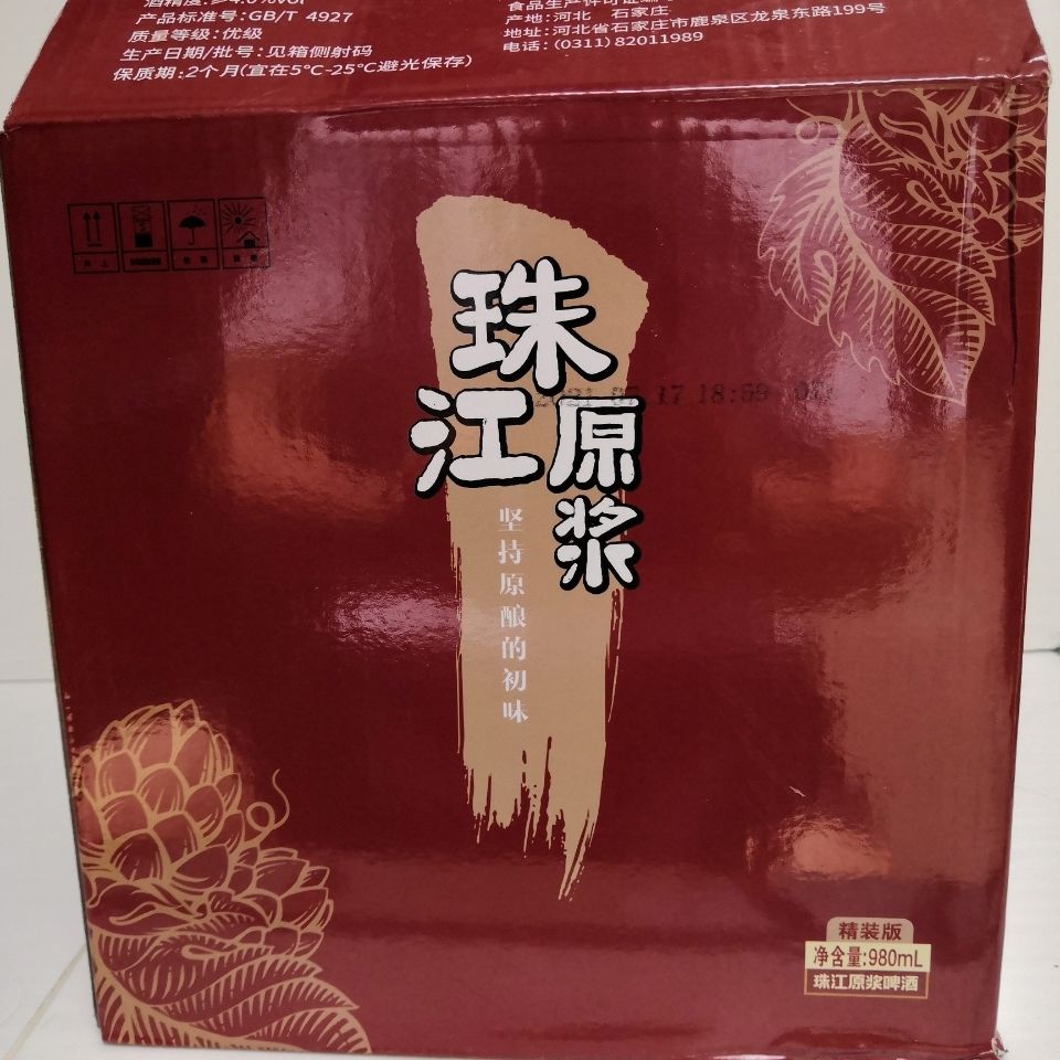 珠江原浆980mlx6桶箱珠江原浆啤酒11全麦原浆精酿高度鲜扎黄啤大罐