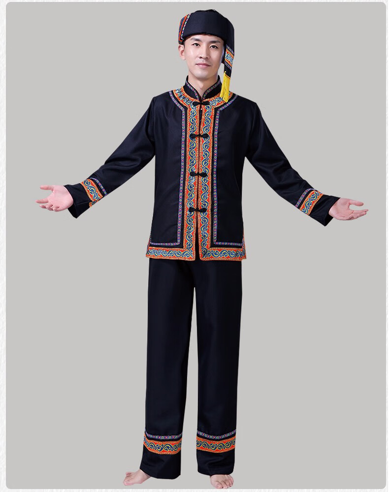 广西壮族服装男民族风云南少数民族苗族彝族演出服葫芦丝表演服饰全黑