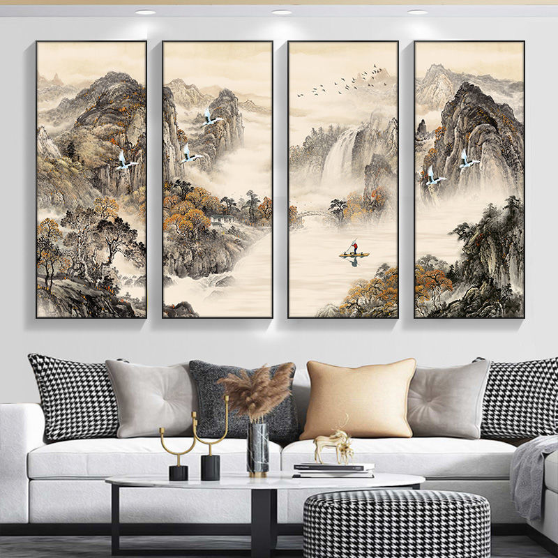 新中式客厅装饰画流水生财沙发背景墙挂画茶室禅意水墨四联山水画图案