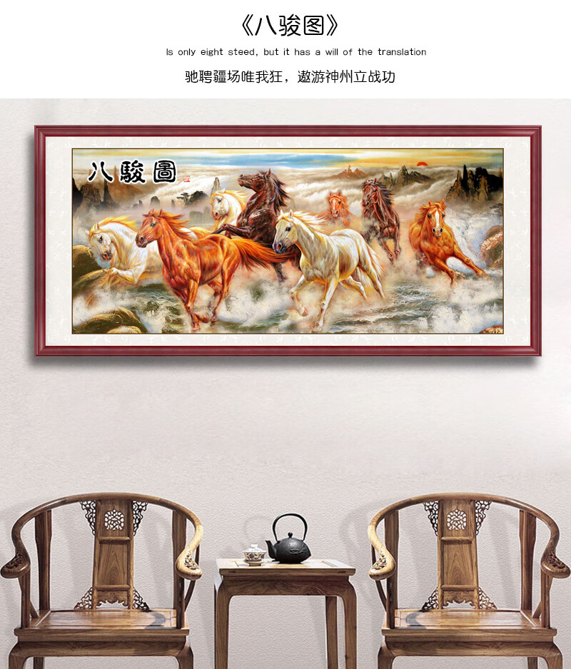 八骏图挂画客厅装饰画中式马到成功字画办公室八马图万马奔腾画八骏图