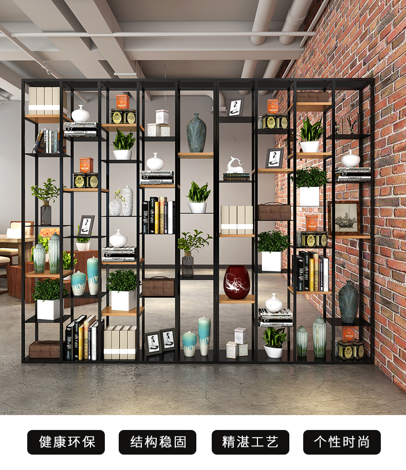 可定做 精甄 屏风隔断客厅美式铁艺玄关装饰loft实木书架工业风置物架展示架柜 长120*30*200CM高
