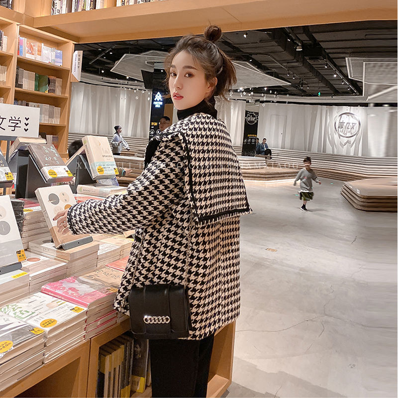 芃芜秋季短外套女装 小个子千鸟格毛呢短外套女2021秋冬新品海军领小