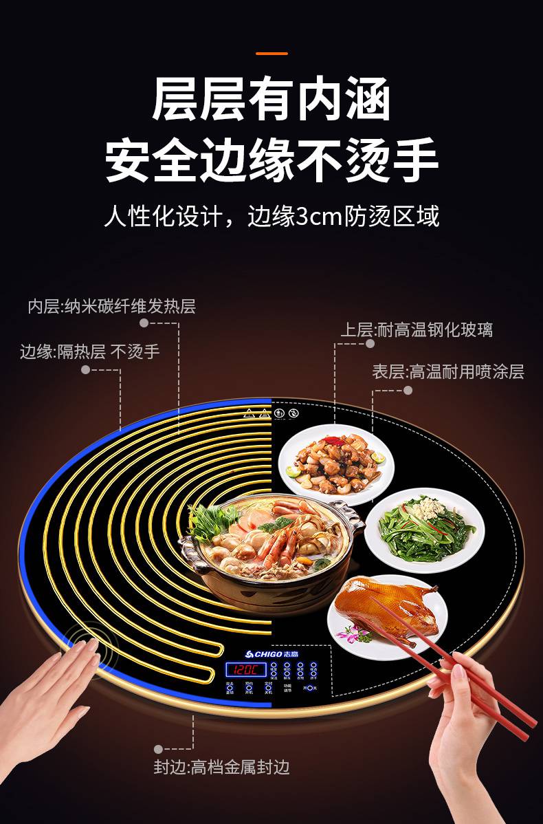 电热板热饭菜可旋转志高圆形饭菜保温板可旋转桌面智能暖菜板热菜板