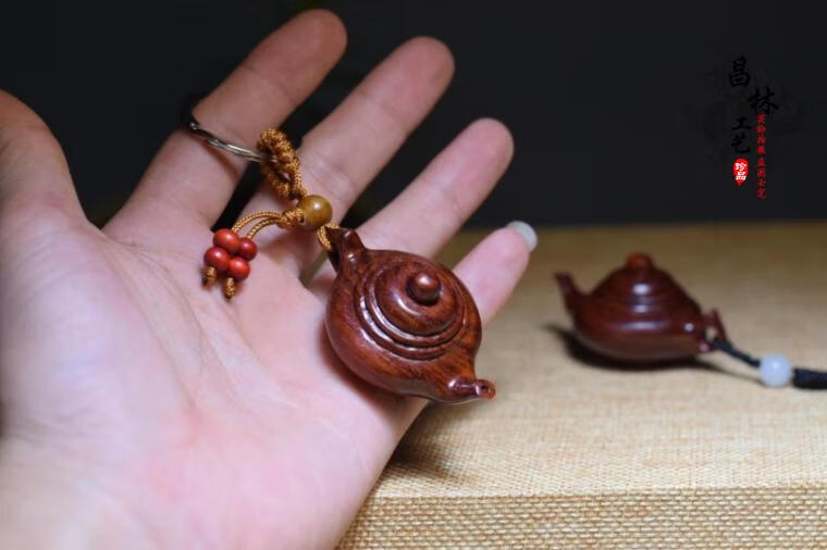 印度小叶紫檀木雕茶壶手把件把把壶小物件实木钥匙扣挂件红木文玩配
