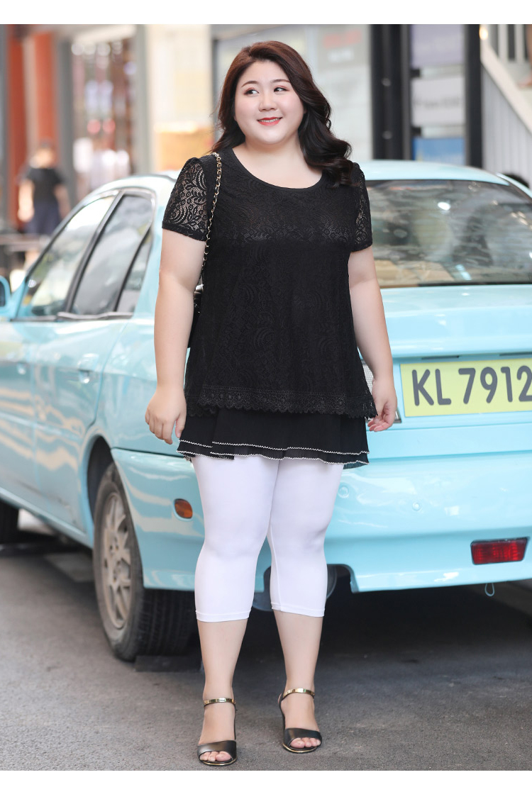 胖mm遮肚子加肥加大码上衣女装200斤胖妹妹t恤短袖宽松中长款蕾丝衫特