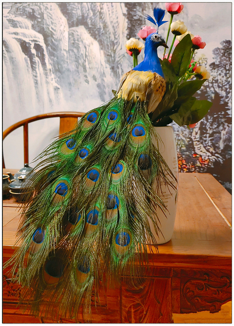 仿真孔雀工艺品摆件橱窗家居装饰蓝孔雀标本真羽毛开屏孔雀工艺品道具