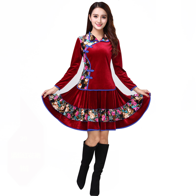 广场舞服装新款长袖广场舞裙子盘扣侧开口舞蹈