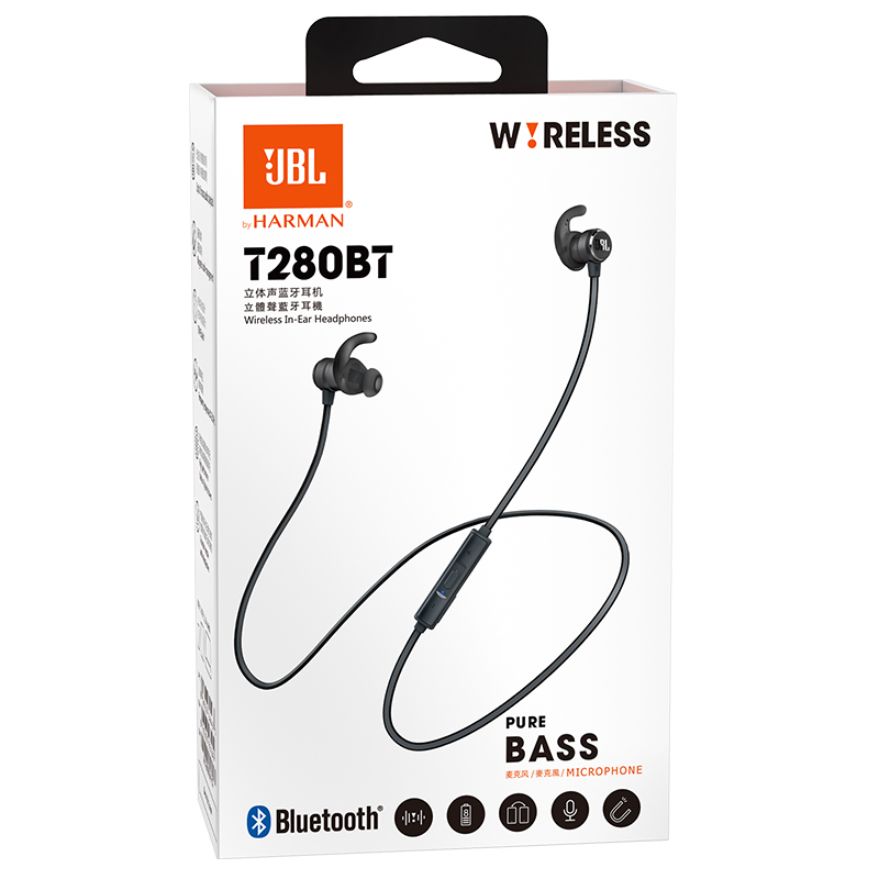 JBL T280BT in-ear bluetooth wireless headset neck-mounted running sports  headset Apple Android mobile game headset metal titanium diaphragm magnetic  suction with wheat gray