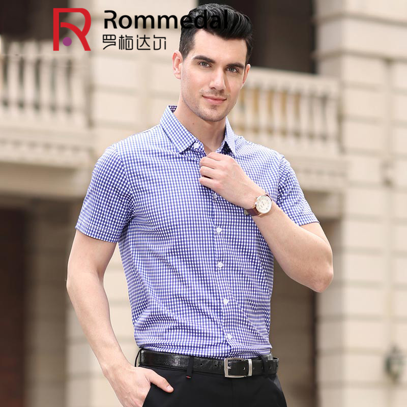罗梅达尔桑蚕丝短袖衬衫中年男夏季新款翻领格