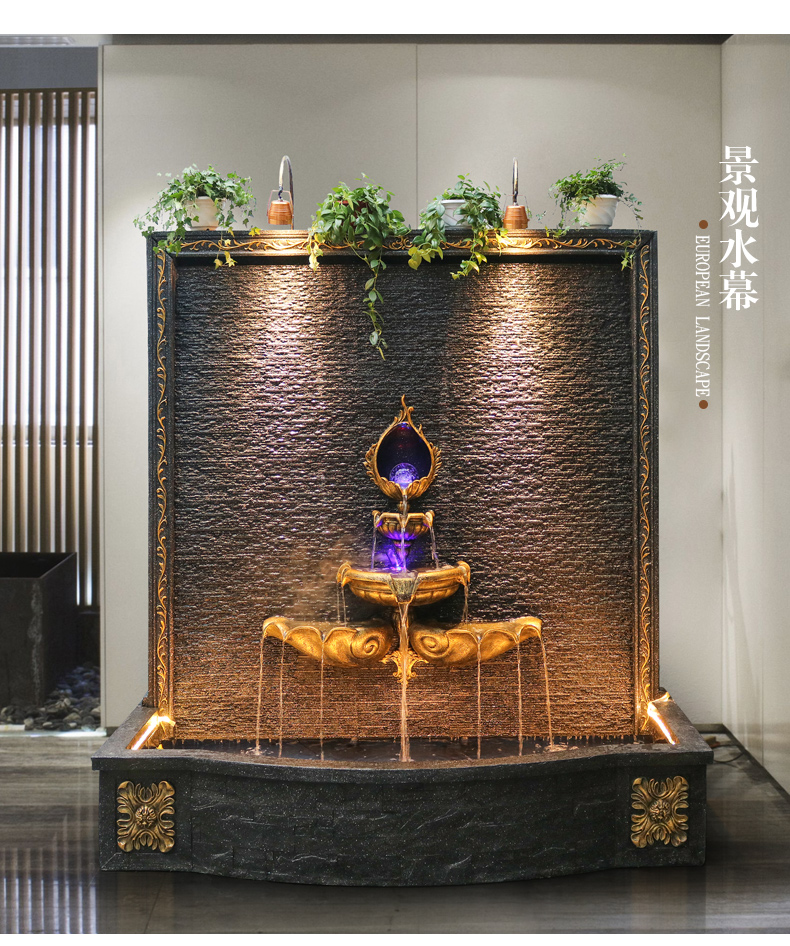 别墅庭院落地门厅酒店大堂大厅假山喷泉流水墙屏风水幕墙鱼池大摆件