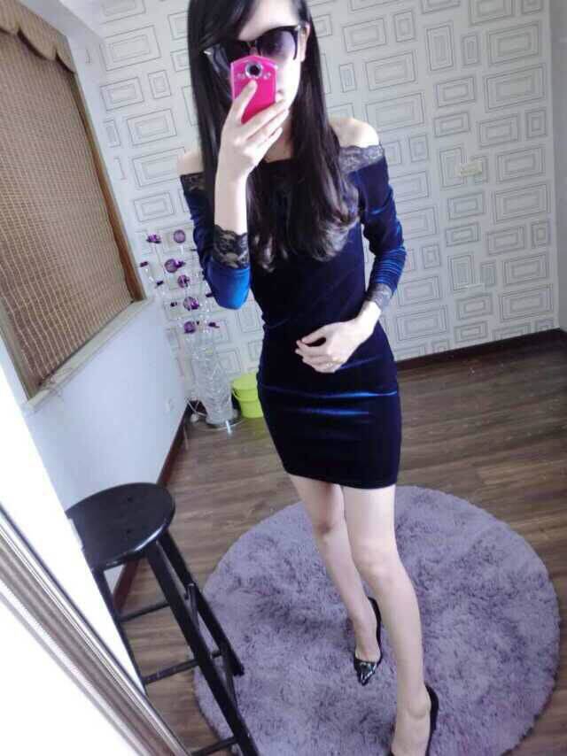 弗黛2016新款性感露肩一字领名媛蕾丝仿真金丝绒长袖包臀修身连衣裙