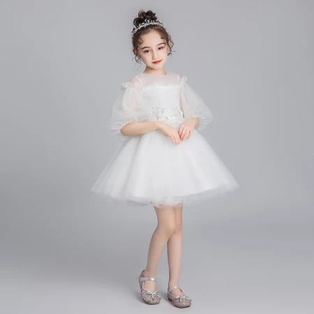 Small Kayi thick girl evening dress princess skirt fluffy yarn little girl flower girl wedding dress children's piano performance clothing foreign style white spring white short section 130cm Small Kayi thick girl evening dress princess skirt fluffy yarn little girl flower girl wedding dress children's piano performance clothing foreign style white spring white short section 130cm