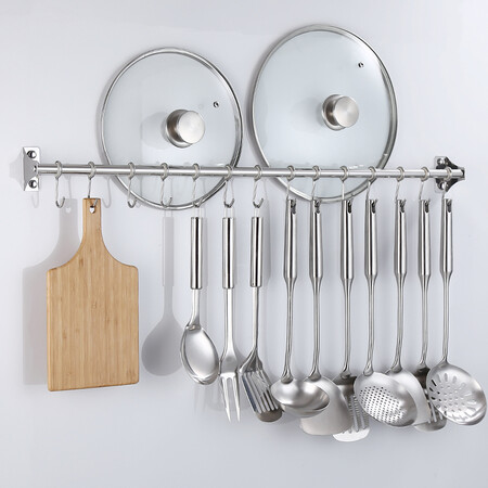 Lapsang 304 stainless steel kitchen rack wall hanging free punching kitchen hook hanging rod multi-function row hook pot cover rack kitchen and bathroom hardware pendant 80cm-14 hook free punching Lapsang 304 stainless steel kitchen rack wall hanging free punching kitchen hook hanging rod multi-function row hook pot cover rack kitchen and bathroom hardware pendant 80cm-14 hook free punching