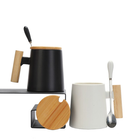 BIN NUO ceramic mug men's wooden handle simple office tea cup with lid spoon retro style creative water cup ceramic cup home milk coffee cup black cup + lid spoon + gift box gift bag 400-500ml BIN NUO ceramic mug men's wooden handle simple office tea cup with lid spoon retro style creative water cup ceramic cup home milk coffee cup black cup + lid spoon + gift box gift bag 400-500ml