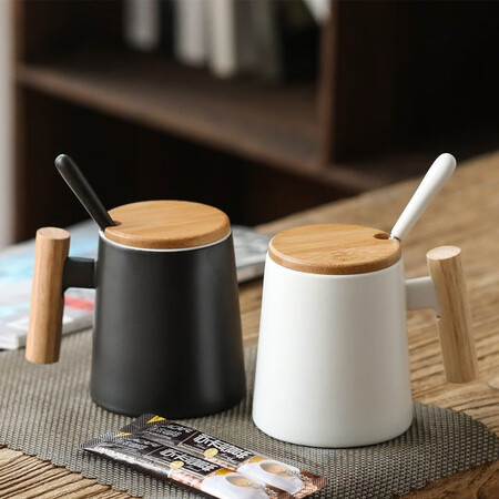 BIN NUO ceramic mug men's wooden handle simple office tea cup with lid spoon retro style creative water cup ceramic cup home milk coffee cup black cup + lid spoon + gift box gift bag 400-500ml BIN NUO ceramic mug men's wooden handle simple office tea cup with lid spoon retro style creative water cup ceramic cup home milk coffee cup black cup + lid spoon + gift box gift bag 400-500ml