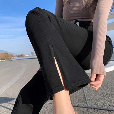 Mai Shihui high waist jeans women's spring and autumn European and American slit pants women's thin and slightly flared black trousers 25 Mai Shihui high waist jeans women's spring and autumn European and American slit pants women's thin and slightly flared black trousers 25