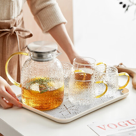 Bowei Creative Wheat Ear Pattern Glass Jug Large Capacity With Handle Cooler Home Heat-resistant Explosion-proof Drinking Cup Set 1 Pot 4 Cups 1 Tray Bowei Creative Wheat Ear Pattern Glass Jug Large Capacity With Handle Cooler Home Heat-resistant Explosion-proof Drinking Cup Set 1 Pot 4 Cups 1 Tray