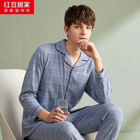 Red bean home pajamas men's combed cotton couple pajamas men's spring and autumn cotton long-sleeved lapel cardigan casual plaid home service suit 417 blue 170/92A Red bean home pajamas men's combed cotton couple pajamas men's spring and autumn cotton long-sleeved lapel cardigan casual plaid home service suit 417 blue 170/92A