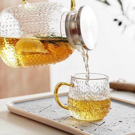 Bowei Creative Wheat Ear Pattern Glass Jug Large Capacity With Handle Cooler Home Heat-resistant Explosion-proof Drinking Cup Set 1 Pot 4 Cups 1 Tray Bowei Creative Wheat Ear Pattern Glass Jug Large Capacity With Handle Cooler Home Heat-resistant Explosion-proof Drinking Cup Set 1 Pot 4 Cups 1 Tray