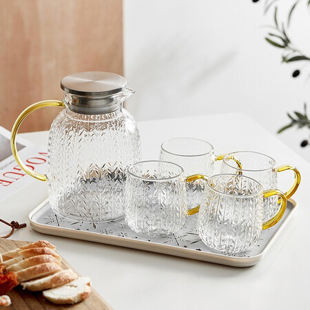 Bowei Creative Wheat Ear Pattern Glass Jug Large Capacity With Handle Cooler Home Heat-resistant Explosion-proof Drinking Cup Set 1 Pot 4 Cups 1 Tray Bowei Creative Wheat Ear Pattern Glass Jug Large Capacity With Handle Cooler Home Heat-resistant Explosion-proof Drinking Cup Set 1 Pot 4 Cups 1 Tray