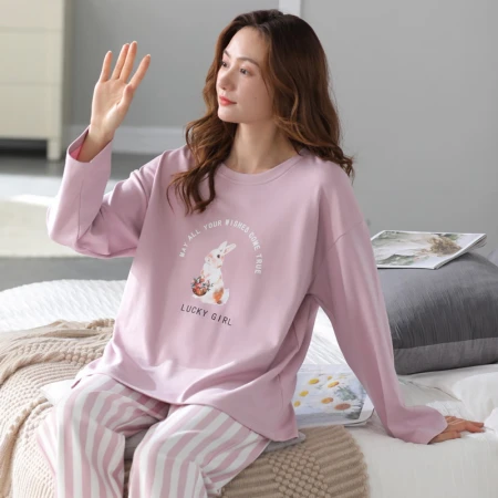 Cat people pajamas women's pullover long-sleeved two-piece autumn and winter fashion can be worn outside simple and cute home service suit pink purple L Cat people pajamas women's pullover long-sleeved two-piece autumn and winter fashion can be worn outside simple and cute home service suit pink purple L
