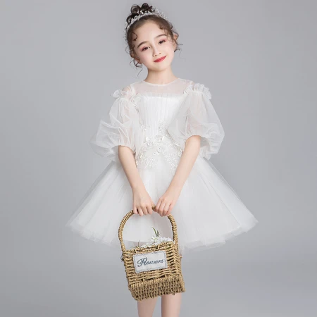 Small Kayi thick girl evening dress princess skirt fluffy yarn little girl flower girl wedding dress children's piano performance clothing foreign style white spring white short section 130cm Small Kayi thick girl evening dress princess skirt fluffy yarn little girl flower girl wedding dress children's piano performance clothing foreign style white spring white short section 130cm