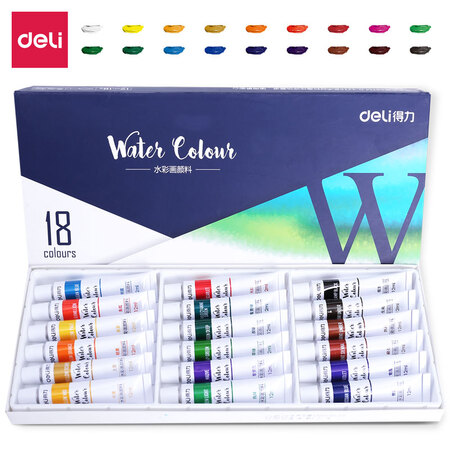 Powerful deli watercolor paint 18 colors 12ml large-capacity painting art dedicated portable professional-level student children's painting set portable tool sketching painting materials 73851 Powerful deli watercolor paint 18 colors 12ml large-capacity painting art dedicated portable professional-level student children's painting set portable tool sketching painting materials 73851