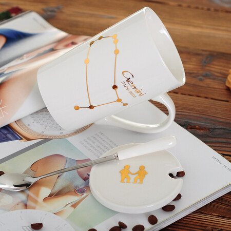 Pudding porcelain art creative twelve constellation mug milk cup ceramic cup men and women couple water cup coffee cup with lid spoon Gemini white Pudding porcelain art creative twelve constellation mug milk cup ceramic cup men and women couple water cup coffee cup with lid spoon Gemini white