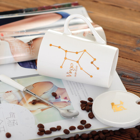 Pudding porcelain art creative twelve constellation mug milk cup ceramic cup men and women couple water cup coffee cup with lid spoon Gemini white Pudding porcelain art creative twelve constellation mug milk cup ceramic cup men and women couple water cup coffee cup with lid spoon Gemini white