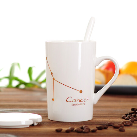 Pudding porcelain art creative twelve constellation mug milk cup ceramic cup men and women couple water cup coffee cup with lid spoon Gemini white Pudding porcelain art creative twelve constellation mug milk cup ceramic cup men and women couple water cup coffee cup with lid spoon Gemini white