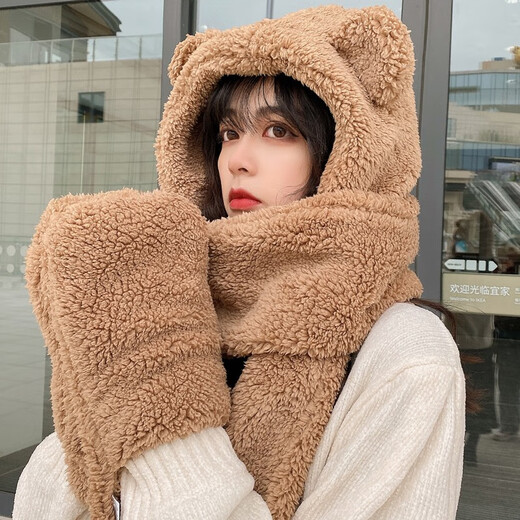 笙格儿 帽子女冬季韩版可爱小熊毛绒卡通帽子围巾手套三件套防风防寒一体套装学生保暖生日礼物圣诞节 米黄色-帽子围巾手套 笙格儿 帽子女冬季韩版可爱小熊毛绒卡通帽子围巾手套三件套防风防寒一体套装学生保暖生日礼物圣诞节 米黄色-帽子围巾手套